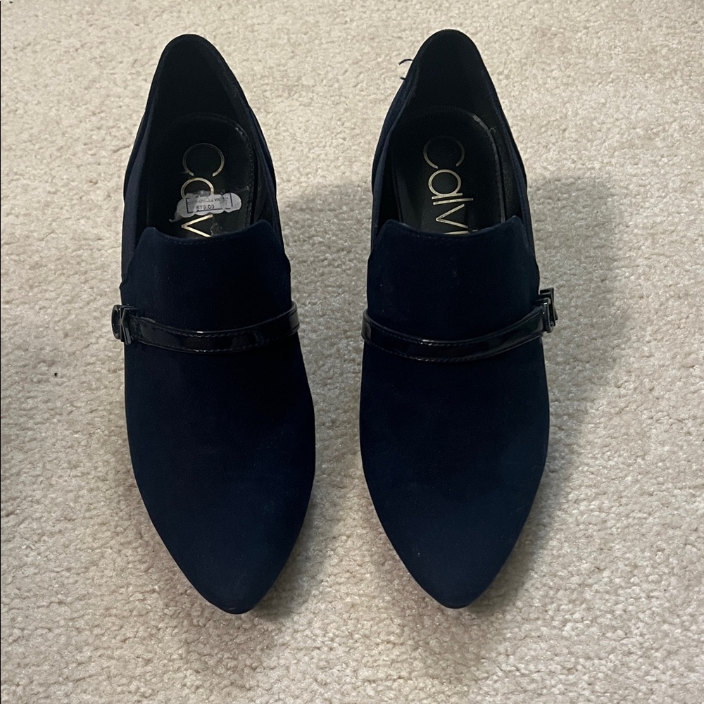 Calvin Klein dark blue suede ankle booties